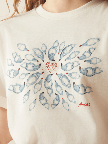Ariat 10039646 Kids Chicken Love T-Shirt Antique White graphic close up. If you need any assistance with this item or the purchase of this item please call us at five six one seven four eight eight eight zero one Monday through Saturday 10:00a.m EST to 8:00 p.m EST