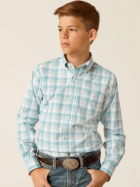Ariat 10051412 Kids Pro Series Edward Classic Fit Shirt Turquoise front view. If you need any assistance with this item or the purchase of this item please call us at five six one seven four eight eight eight zero one Monday through Saturday 10:00a.m EST to 8:00 p.m EST