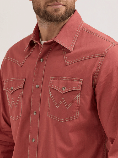 Wrangler 112365614 Mens Retro Premium Long Sleeve Shirt Sunset Rust front close up. If you need any assistance with this item or the purchase of this item please call us at five six one seven four eight eight eight zero one Monday through Saturday 10:00a.m EST to 8:00 p.m EST