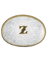 Montana Silversmiths 700 Initial Silver Engraved Gold Trim Western Belt Buckle letter Z front view. If you need any assistance with this item or the purchase of this item please call us at five six one seven four eight eight eight zero one Monday through Saturday 10:00a.m EST to 8:00 p.m EST