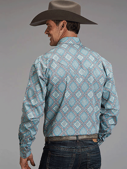 Stetson 11-001-0425-2057 Mens Medallion Print Western Shirt Turquoise back view. If you need any assistance with this item or the purchase of this item please call us at five six one seven four eight eight eight zero one Monday through Saturday 10:00a.m EST to 8:00 p.m EST