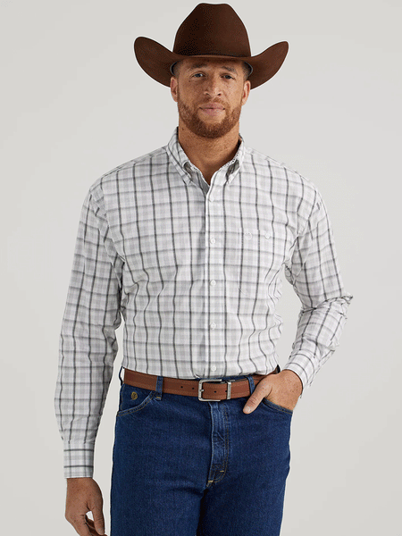 Wrangler 112344886 Mens George Strait Collection Long Sleeve Shirt Moon Gray Plaid front view. If you need any assistance with this item or the purchase of this item please call us at five six one seven four eight eight eight zero one Monday through Saturday 10:00a.m EST to 8:00 p.m EST