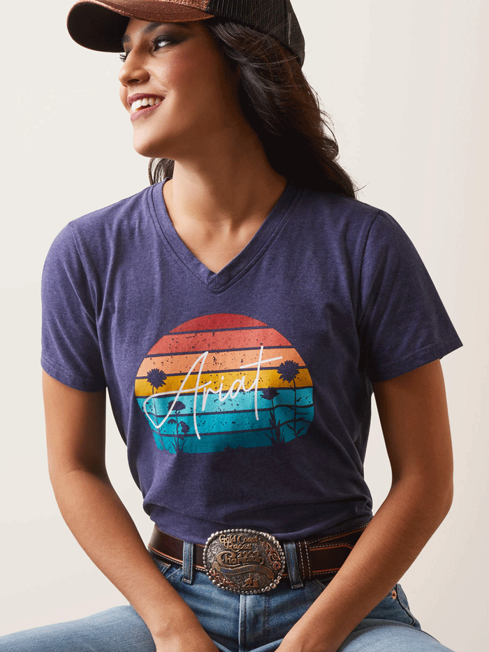 Ariat 10043418 Womens REAL Horizon T-Shirt Navy Heather front view. If you need any assistance with this item or the purchase of this item please call us at five six one seven four eight eight eight zero one Monday through Saturday 10:00a.m EST to 8:00 p.m EST