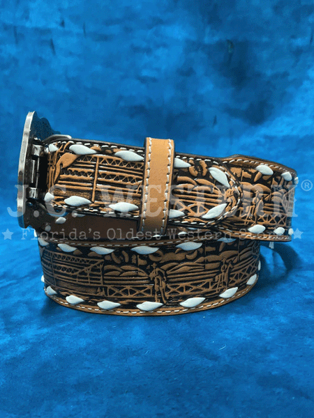 3D D120002908 Kids Floral Embossed White Lacing Belt Tan side view. If you need any assistance with this item or the purchase of this item please call us at five six one seven four eight eight eight zero one Monday through Saturday 10:00a.m EST to 8:00 p.m EST