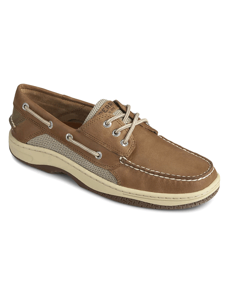Sperry 0799320 Mens Billfish 3-Eye Boat Shoe Dark Tan front and side view. If you need any assistance with this item or the purchase of this item please call us at five six one seven four eight eight eight zero one Monday through Saturday 10:00a.m EST to 8:00 p.m EST