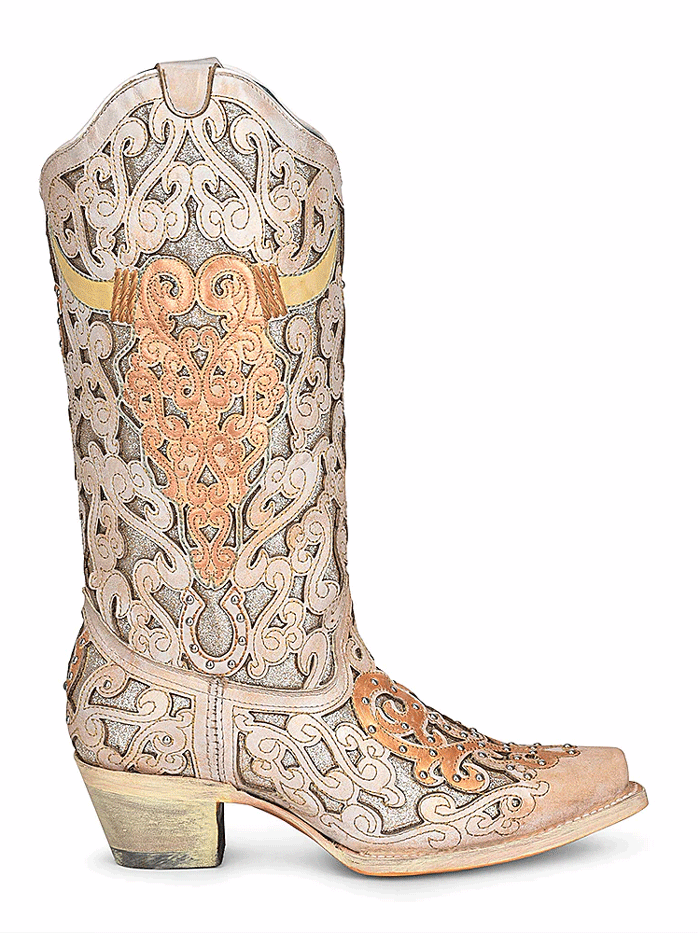 Corral A4408 Ladies Bull Skull Embroidery And Glitter Inlay Boots Tan front and side view. If you need any assistance with this item or the purchase of this item please call us at five six one seven four eight eight eight zero one Monday through Saturday 10:00a.m EST to 8:00 p.m EST