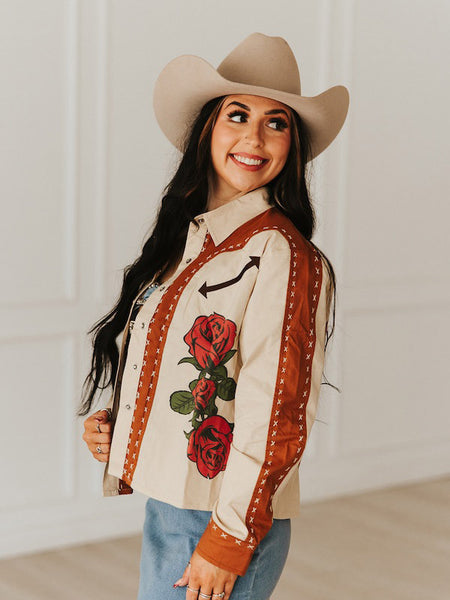 Lucky & Blessed JO452-TAN Womens Embroidered Long Sleeve Snap Shirt Tan side view. If you need any assistance with this item or the purchase of this item please call us at five six one seven four eight eight eight zero one Monday through Saturday 10:00a.m EST to 8:00 p.m EST