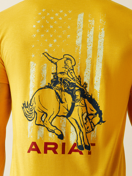 Ariat 10054772 Mens Rodeo Proud T-Shirt Gold Heather back close up.If you need any assistance with this item or the purchase of this item please call us at five six one seven four eight eight eight zero one Monday through Saturday 10:00a.m EST to 8:00 p.m EST