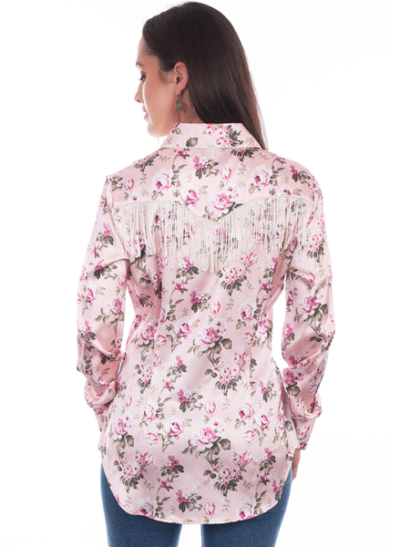 Scully HC827-ROS Womens Rose Print Western Fringe Shirt Pink back view. If you need any assistance with this item or the purchase of this item please call us at five six one seven four eight eight eight zero one Monday through Saturday 10:00a.m EST to 8:00 p.m EST