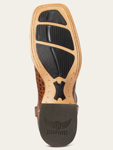 Ariat 10035923 Mens Relentless Denton Western Caiman Belly Boot Natural Brown sole view. If you need any assistance with this item or the purchase of this item please call us at five six one seven four eight eight eight zero one Monday through Saturday 10:00a.m EST to 8:00 p.m EST