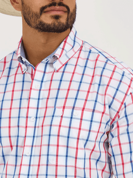 Wrangler 112365408 Mens George Strait Short Sleeve Shirt White front pocket close up view. If you need any assistance with this item or the purchase of this item please call us at five six one seven four eight eight eight zero one Monday through Saturday 10:00a.m EST to 8:00 p.m EST