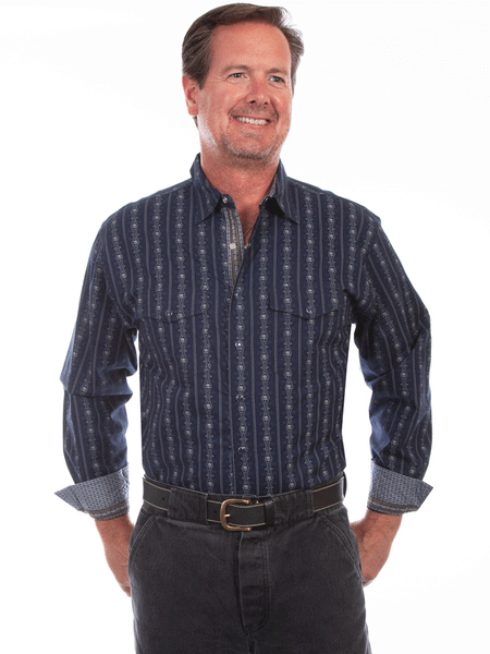 Scully PS-093-NAV Mens Skull Stripe Western Shirt Navy front view. If you need any assistance with this item or the purchase of this item please call us at five six one seven four eight eight eight zero one Monday through Saturday 10:00a.m EST to 8:00 p.m EST