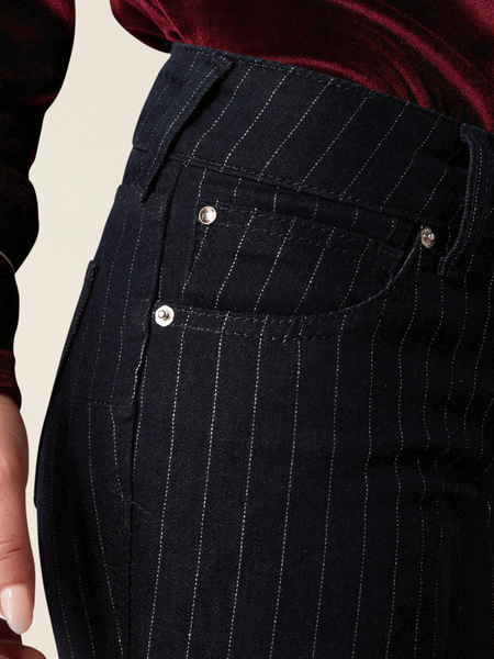 Ariat 10053532 Womens Perfect Rise Jasmine Flare Jeans Silver Stripe Navy front pocket close up. If you need any assistance with this item or the purchase of this item please call us at five six one seven four eight eight eight zero one Monday through Saturday 10:00a.m EST to 8:00 p.m EST