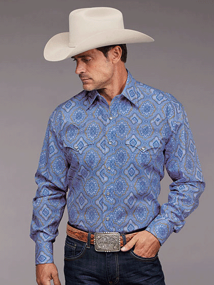 Stetson 11-001-0425-5020 Mens Chambray Medallion Paisley Western Shirt Blue front view. If you need any assistance with this item or the purchase of this item please call us at five six one seven four eight eight eight zero one Monday through Saturday 10:00a.m EST to 8:00 p.m EST
