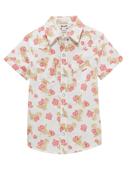 Wrangler 112364317 Girls Floral Western Short Sleeve Shirt White front view. If you need any assistance with this item or the purchase of this item please call us at five six one seven four eight eight eight zero one Monday through Saturday 10:00a.m EST to 8:00 p.m EST