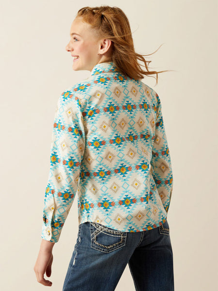 Ariat 10060390 Kids Remy Long Sleeve Snap Shirt Cayo Print Turquoise back view. If you need any assistance with this item or the purchase of this item please call us at five six one seven four eight eight eight zero one Monday through Saturday 10:00a.m EST to 8:00 p.m EST
