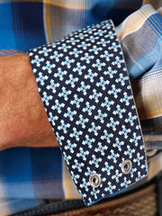 Roper 03-001-0278-2088 Mens Amarillo Collection Plaid Snap Shirt Blue cuff close up. If you need any assistance with this item or the purchase of this item please call us at five six one seven four eight eight eight zero one Monday through Saturday 10:00a.m EST to 8:00 p.m EST