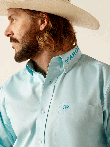 Ariat 10048717 Mens Team Logo Twill Fitted Shirt Light Aqua front close up view. If you need any assistance with this item or the purchase of this item please call us at five six one seven four eight eight eight zero one Monday through Saturday 10:00a.m EST to 8:00 p.m EST