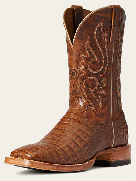 Ariat 10035923 Mens Relentless Denton Western Caiman Belly Boot Natural Brown side / front view. If you need any assistance with this item or the purchase of this item please call us at five six one seven four eight eight eight zero one Monday through Saturday 10:00a.m EST to 8:00 p.m EST