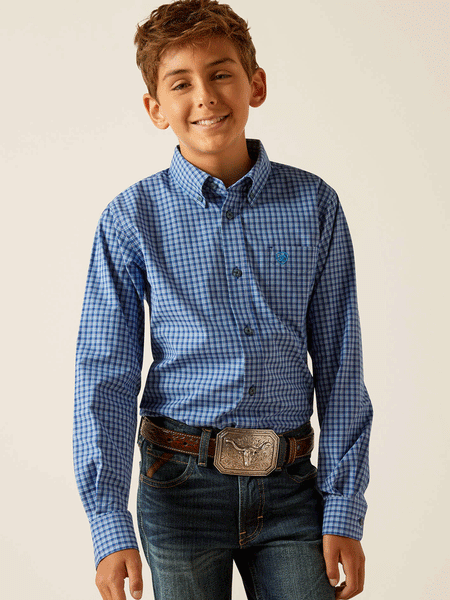 Ariat 10048654 Kids Pro Series Perrin Classic Fit Shirt Blue front view. If you need any assistance with this item or the purchase of this item please call us at five six one seven four eight eight eight zero one Monday through Saturday 10:00a.m EST to 8:00 p.m EST