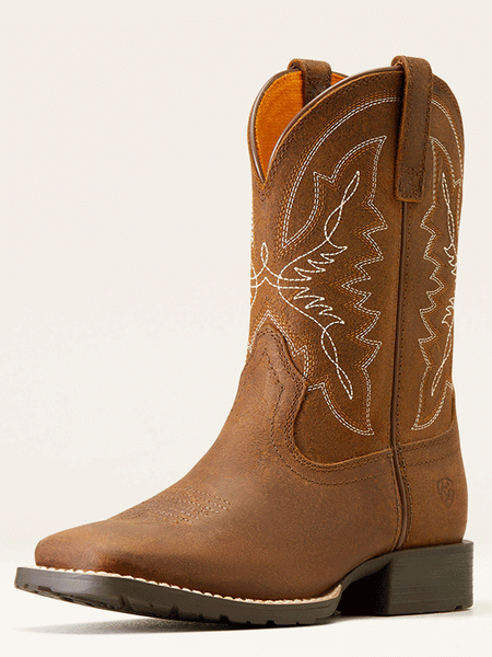 Ariat 10047034 Kids Hybrid Rancher Western Boot Distressed Tan front and side view. If you need any assistance with this item or the purchase of this item please call us at five six one seven four eight eight eight zero one Monday through Saturday 10:00a.m EST to 8:00 p.m EST