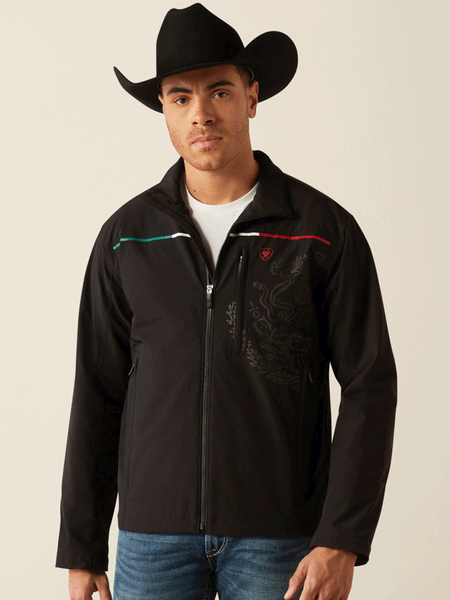Ariat 10054234 Mens Pioneer StretchShell Mexico Jacket Black front. If you need any assistance with this item or the purchase of this item please call us at five six one seven four eight eight eight zero one Monday through Saturday 10:00a.m EST to 8:00 p.m EST
