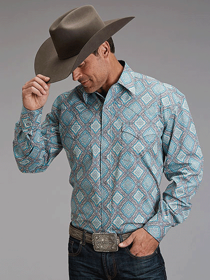 Stetson 11-001-0425-2057 Mens Medallion Print Western Shirt Turquoise front view. If you need any assistance with this item or the purchase of this item please call us at five six one seven four eight eight eight zero one Monday through Saturday 10:00a.m EST to 8:00 p.m EST