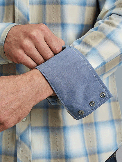 Stetson 11-001-0478-2044 Mens Dobby Plaid Western Shirt Tan contrast cuff view. If you need any assistance with this item or the purchase of this item please call us at five six one seven four eight eight eight zero one Monday through Saturday 10:00a.m EST to 8:00 p.m EST