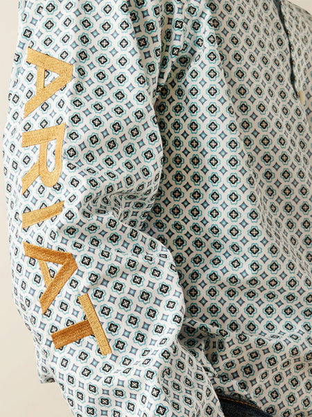 Ariat 10058719 Kids Team Franklin Classic Fit Shirt Brown And Light Blue sleeve close up. If you need any assistance with this item or the purchase of this item please call us at five six one seven four eight eight eight zero one Monday through Saturday 10:00a.m EST to 8:00 p.m EST