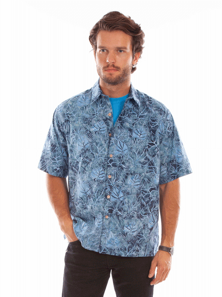 Scully 5346-BLU Mens Batik Leaves Short Sleeve Shirt Blue front view. If you need any assistance with this item or the purchase of this item please call us at five six one seven four eight eight eight zero one Monday through Saturday 10:00a.m EST to 8:00 p.m EST