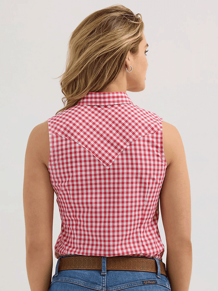 Wrangler 112362261 Womens Essential Western Snap Plaid Tank Red back view. If you need any assistance with this item or the purchase of this item please call us at five six one seven four eight eight eight zero one Monday through Saturday 10:00a.m EST to 8:00 p.m EST