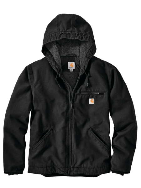 Carhartt 104392-BLK Mens Washed Duck Sherpa Lined Jacket Black front view. If you need any assistance with this item or the purchase of this item please call us at five six one seven four eight eight eight zero one Monday through Saturday 10:00a.m EST to 8:00 p.m EST