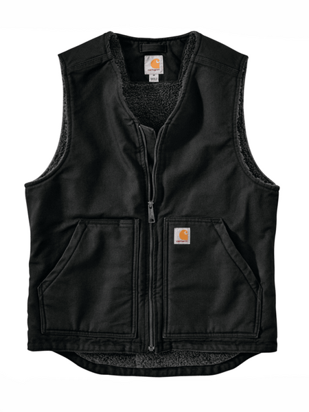 Carhartt 104394-BLK Mens Relaxed Fit Washed Duck Sherpa-Lined Vest Black front view. If you need any assistance with this item or the purchase of this item please call us at five six one seven four eight eight eight zero one Monday through Saturday 10:00a.m EST to 8:00 p.m EST