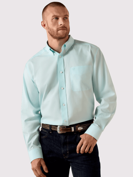 Ariat 10071537 Mens Wrinkle Free Solid Pinpoint Oxford Classic Fit Shirt Angel Blue front view. If you need any assistance with this item or the purchase of this item please call us at five six one seven four eight eight eight zero one Monday through Saturday 10:00a.m EST to 8:00 p.m EST