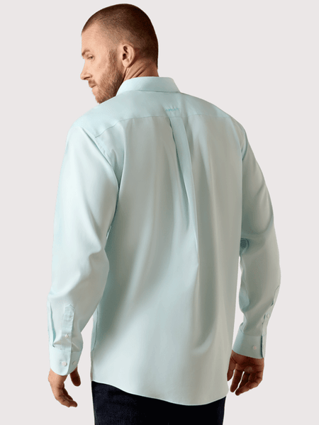 Ariat 10071537 Mens Wrinkle Free Solid Pinpoint Oxford Classic Fit Shirt Angel Blue back view. If you need any assistance with this item or the purchase of this item please call us at five six one seven four eight eight eight zero one Monday through Saturday 10:00a.m EST to 8:00 p.m EST