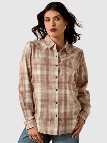 Ariat 10071524 Womens Billie Jean Shirt White Pepper Coral Plaid front view. If you need any assistance with this item or the purchase of this item please call us at five six one seven four eight eight eight zero one Monday through Saturday 10:00a.m EST to 8:00 p.m EST