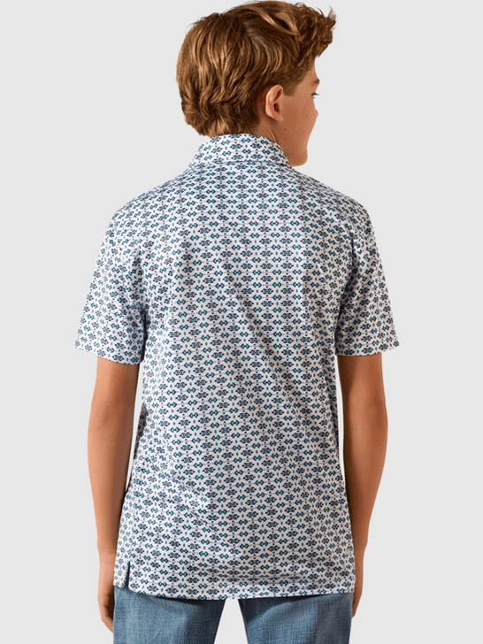 Ariat 10071206 Kids All Over Print Polo Southwest Space White back view. If you need any assistance with this item or the purchase of this item please call us at five six one seven four eight eight eight zero one Monday through Saturday 10:00a.m EST to 8:00 p.m EST