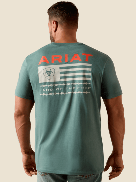 Ariat 10061355 Mens Hidden Valley Flag Classic Fit T-Shirt Pine Teal back view. If you need any assistance with this item or the purchase of this item please call us at five six one seven four eight eight eight zero one Monday through Saturday 10:00a.m EST to 8:00 p.m EST