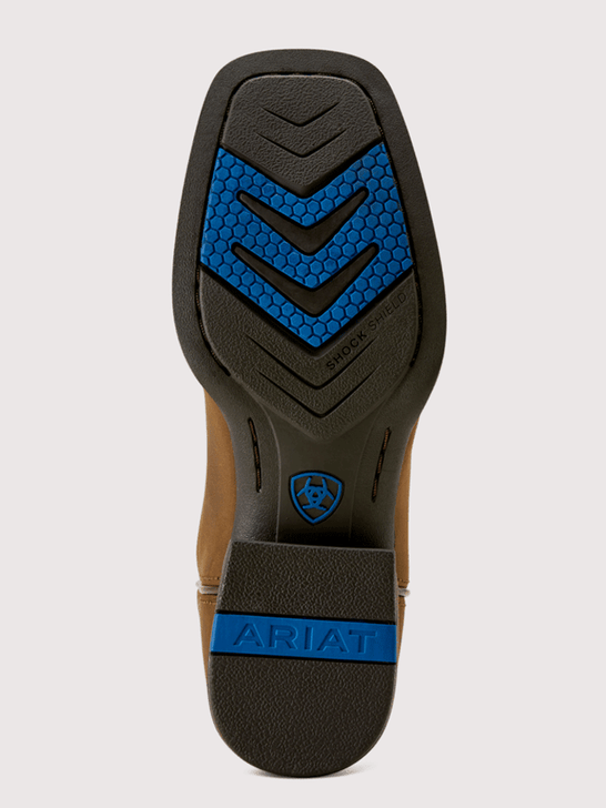 Ariat 10074190 Youth Westwood Wide Square Toe Western Boot Distressed Brown sole view. If you need any assistance with this item or the purchase of this item please call us at five six one seven four eight eight eight zero one Monday through Saturday 10:00a.m EST to 8:00 p.m EST