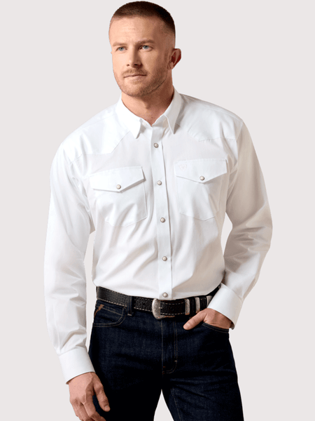 Ariat 10071236 Mens Lightweight Twill Classic Fit Snap Shirt White front view. If you need any assistance with this item or the purchase of this item please call us at five six one seven four eight eight eight zero one Monday through Saturday 10:00a.m EST to 8:00 p.m EST