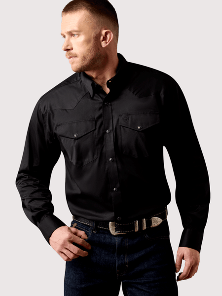 Ariat 10071237 Mens Lightweight Twill Classic Fit Snap Shirt Black front view. If you need any assistance with this item or the purchase of this item please call us at five six one seven four eight eight eight zero one Monday through Saturday 10:00a.m EST to 8:00 p.m EST