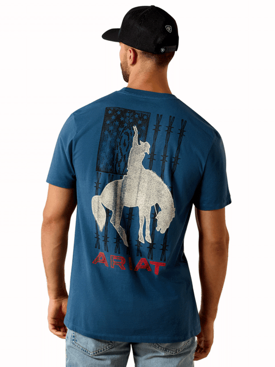 Ariat 10071192 Mens Flag Bronco Classic Fit T-Shirt Key Largo Blue back view. If you need any assistance with this item or the purchase of this item please call us at five six one seven four eight eight eight zero one Monday through Saturday 10:00a.m EST to 8:00 p.m EST
