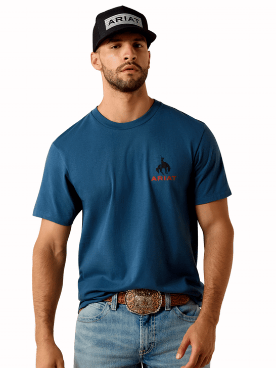 Ariat 10071192 Mens Flag Bronco Classic Fit T-Shirt Key Largo Blue front view. If you need any assistance with this item or the purchase of this item please call us at five six one seven four eight eight eight zero one Monday through Saturday 10:00a.m EST to 8:00 p.m EST