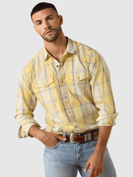 Ariat 10071644 Mens Retro Hux Fitted Snap Long Sleeve Shirt Chai Tea Plaid front view. If you need any assistance with this item or the purchase of this item please call us at five six one seven four eight eight eight zero one Monday through Saturday 10:00a.m EST to 8:00 p.m EST