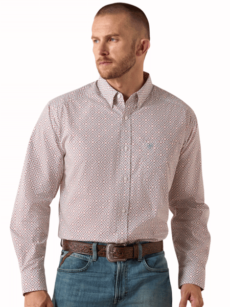 Ariat 10071609 Mens Tiernan Classic Fit Long Sleeve Shirt Geo Print White front view. If you need any assistance with this item or the purchase of this item please call us at five six one seven four eight eight eight zero one Monday through Saturday 10:00a.m EST to 8:00 p.m EST