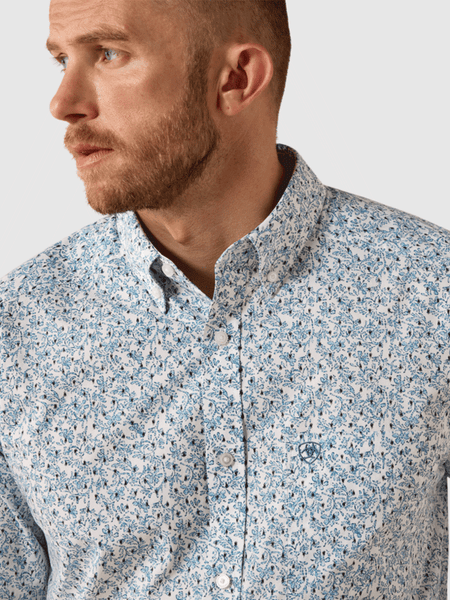 Ariat 10071599 Mens Jennings Fitted Long Sleeve Shirt Vine Floral Blue front close up view. If you need any assistance with this item or the purchase of this item please call us at five six one seven four eight eight eight zero one Monday through Saturday 10:00a.m EST to 8:00 p.m EST