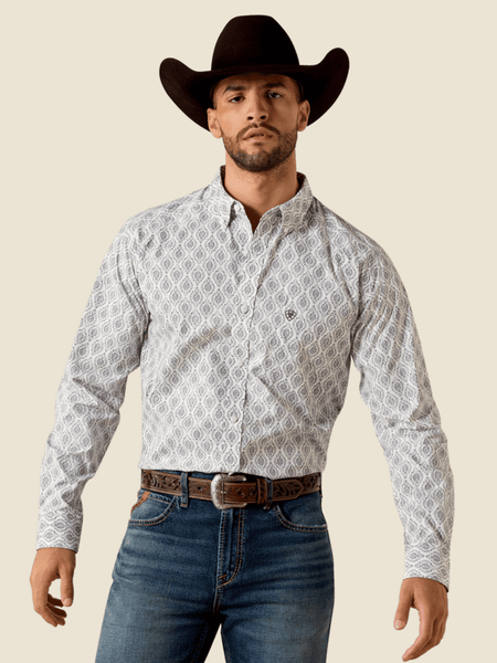 Ariat 10071598 Mens Poe Fitted Long Sleeve Shirt Medallion Print White front view. If you need any assistance with this item or the purchase of this item please call us at five six one seven four eight eight eight zero one Monday through Saturday 10:00a.m EST to 8:00 p.m EST