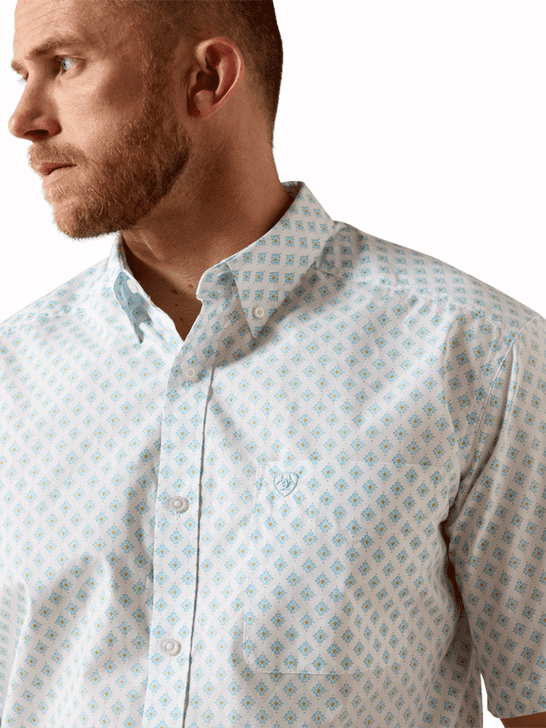 Ariat 10071728 Mens Packert Classic Fit Short Sleeve Shirt White Medallion close up. If you need any assistance with this item or the purchase of this item please call us at five six one seven four eight eight eight zero one Monday through Saturday 10:00a.m EST to 8:00 p.m EST