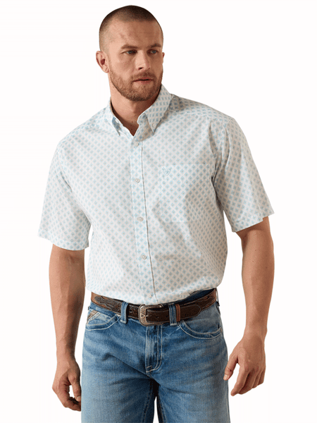 Ariat 10071728 Mens Packert Classic Fit Short Sleeve Shirt White Medallion front view. If you need any assistance with this item or the purchase of this item please call us at five six one seven four eight eight eight zero one Monday through Saturday 10:00a.m EST to 8:00 p.m EST
