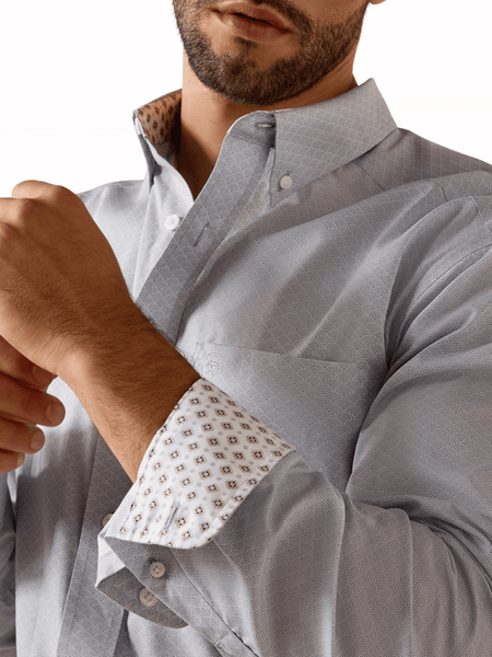 Ariat 10071749 Mens Wrinkle Free Leandro Classic Fit Shirt Abstract Print Silver cuff and collar close up view. If you need any assistance with this item or the purchase of this item please call us at five six one seven four eight eight eight zero one Monday through Saturday 10:00a.m EST to 8:00 p.m EST